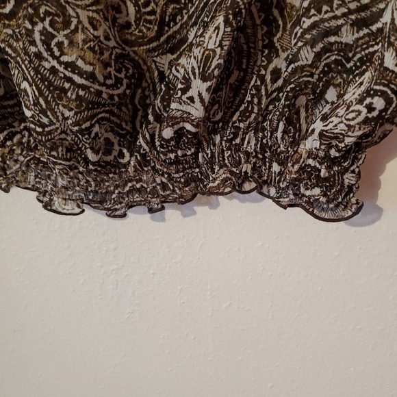 Liz Claiborne Blouse Size Xl Brown Print Semi Sheer Ruffle Cap SLV V Neck Career - Picture 6 of 9